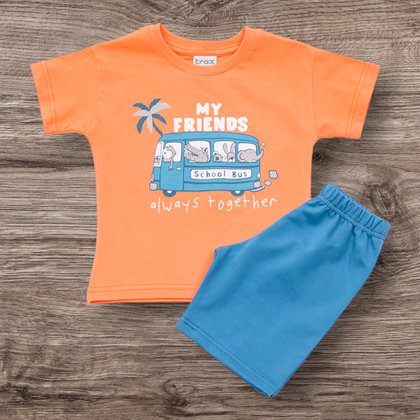 Σετ βερμούδα - κοντομάνικο μπλουζάκι με σχέδιο ζωάκια, πορτοκαλί - μπλε ραφ